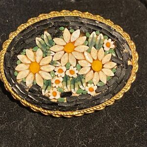 Daisy Flower Micromosaic Black Glass Brooch Italy